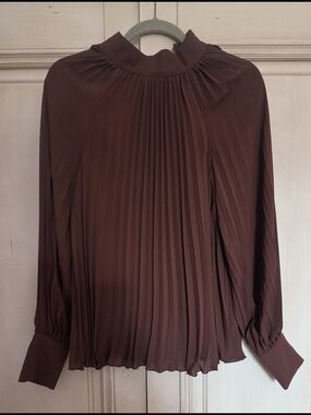 H&M Pleated High-Neck Blouse in Dark Brown